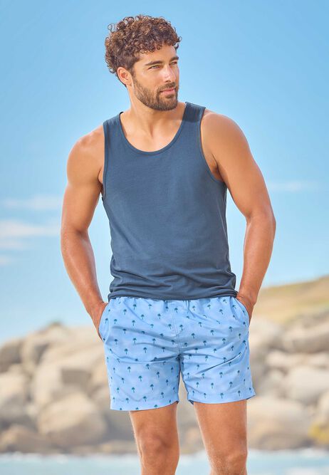 Mens Blue Palm Print Swim Shorts