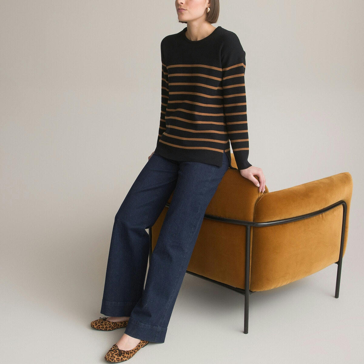 Pull rayé, col rond, en maille milano