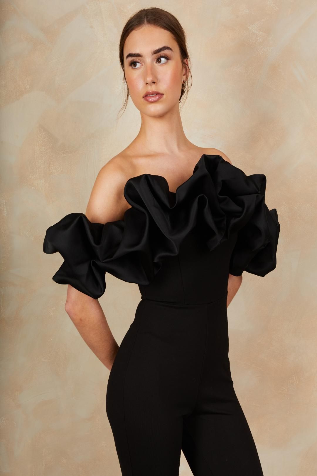 Chi Chi London Ruffle Bardot Jumpsuit in Black