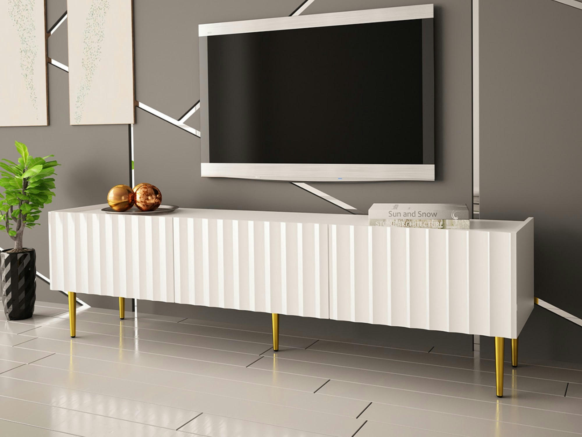 AMBRE - Meuble TV style contemporain 180 cm blanc / doré