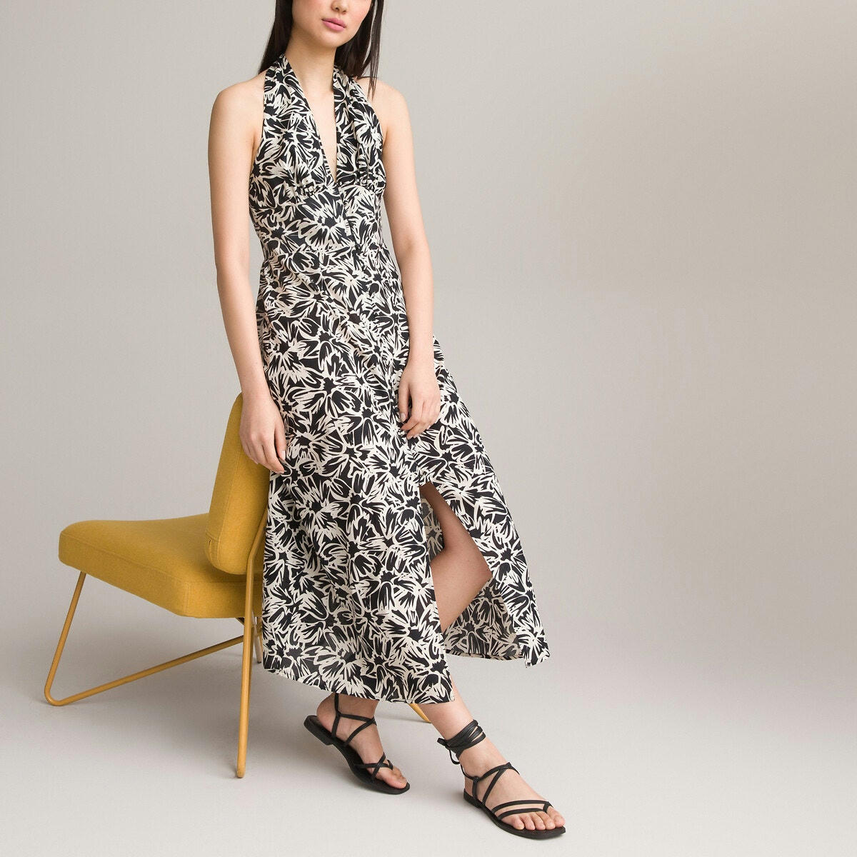 Robe longue, dos-nu, imprimée