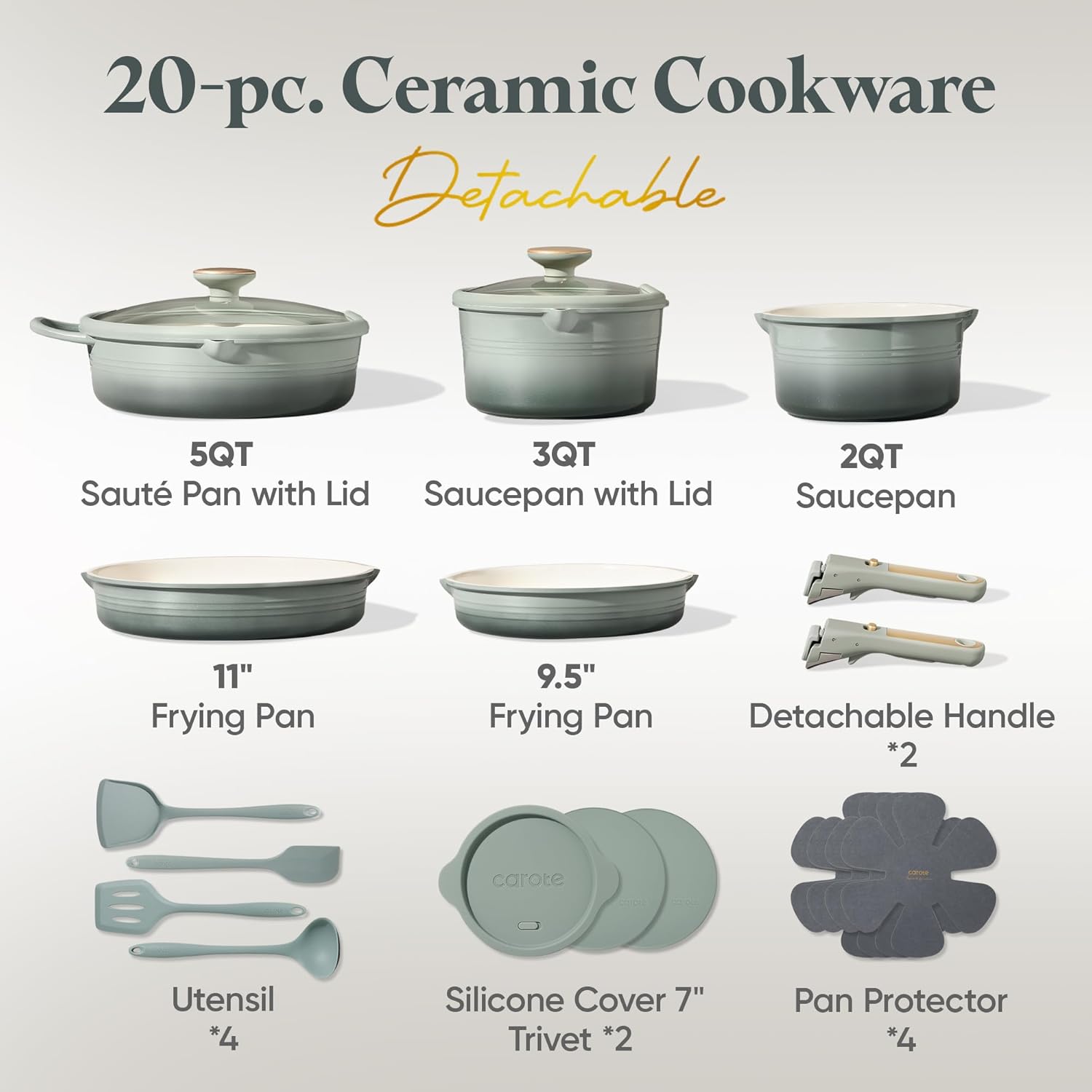 CAROTE 20Pcs Titanium Cookware Set, Pots and Pans Set Non Stick, Kitchen Cooking Set with Detachable Handle, Non Toxic Induction Cookware, Dishwasher/Oven Safe