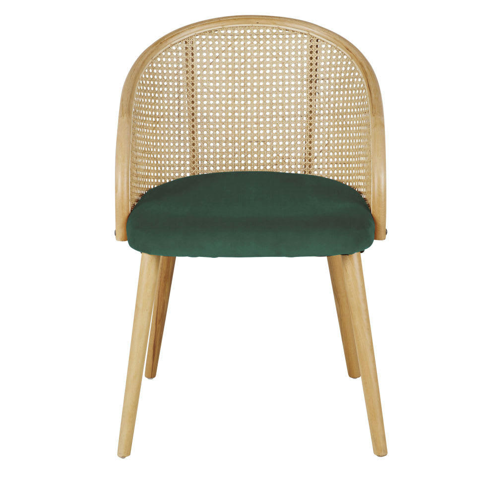 Sockette - Fauteuil de table en velours vert cannage en rotin coloris naturel