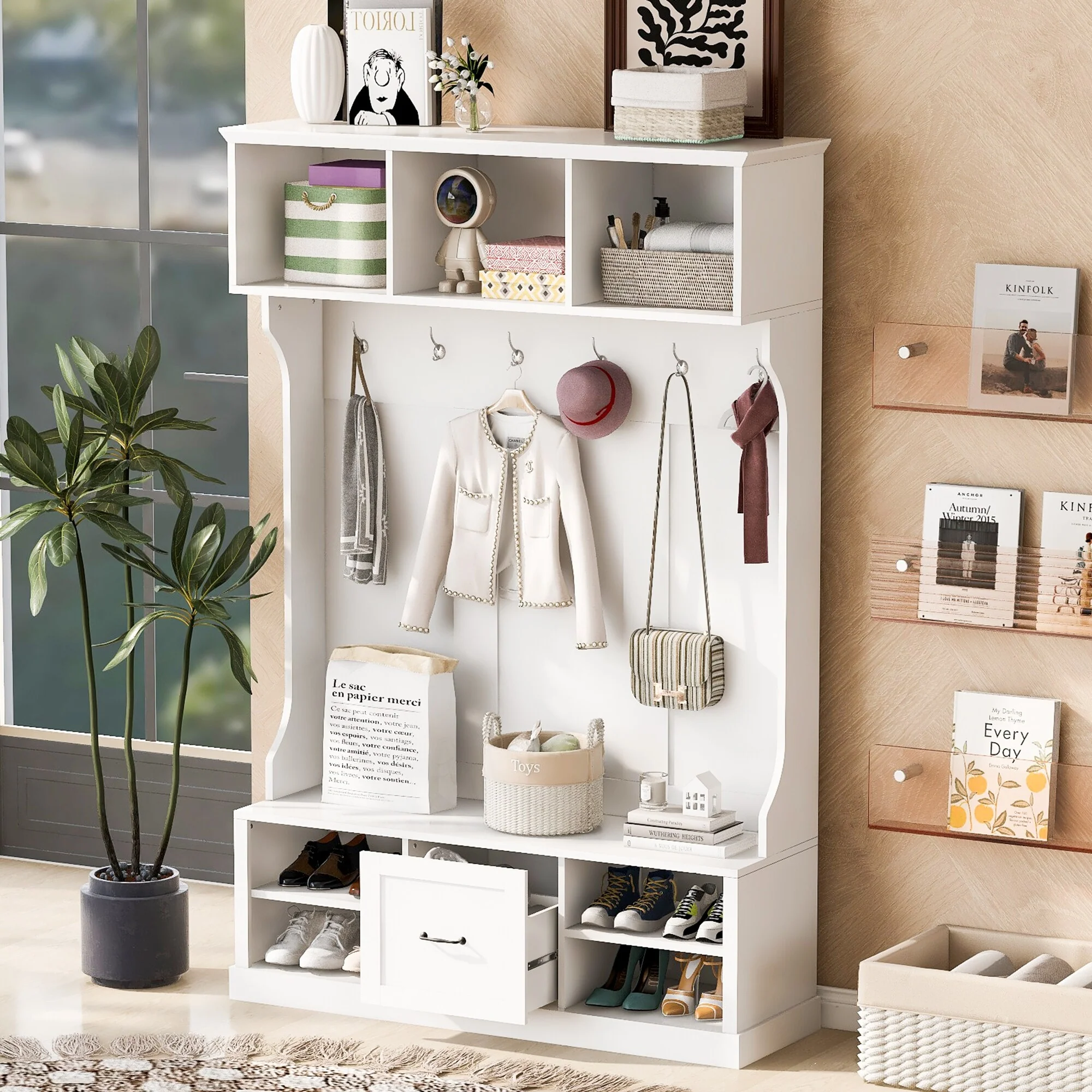 Multifunctional 57'' Hall Tree with 6 Hooks, Coat Hanger, Entryway Bench, 3-in-1 Design, and Spacious Drawer