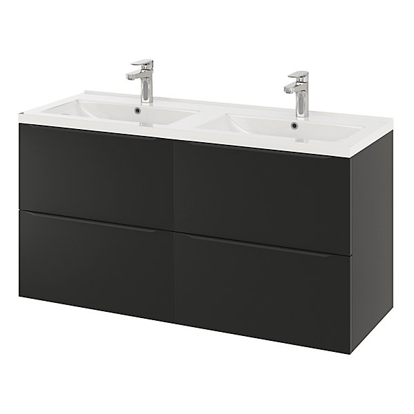 Meuble vasque suspendu noir mat l.120 cm Imandra   plan double vasque blanc céramique Nira, GoodHome