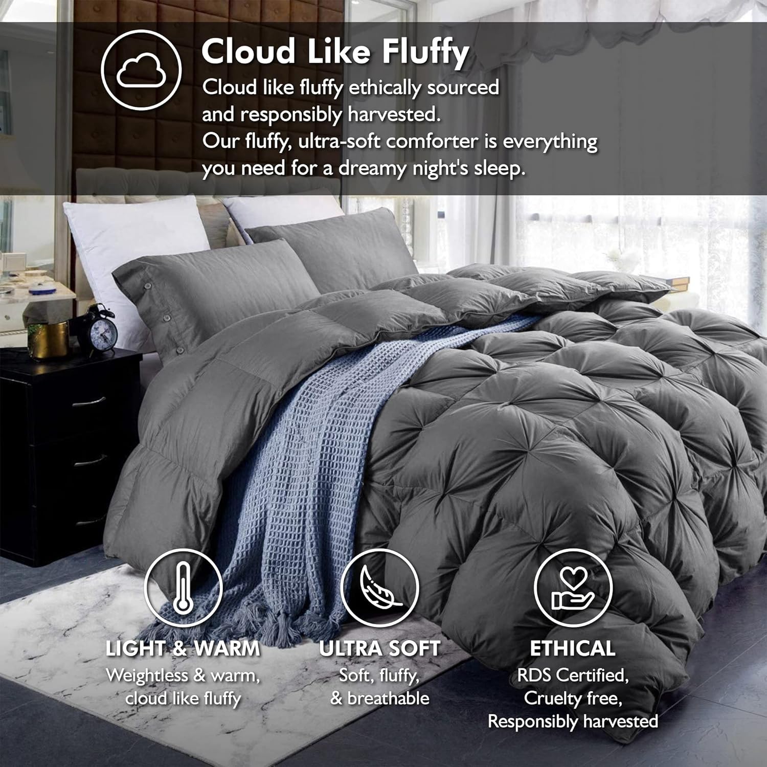 Luxurious All-Season Goose Down Feather Fiber Comforter Queen Size Duvet Insert, Exquisite Pinch Pleat Ruffled Twisted Flower, Premium Baffle Box, 100% Egyptian Cotton Cover, 60 oz. Fill Weight, Gray