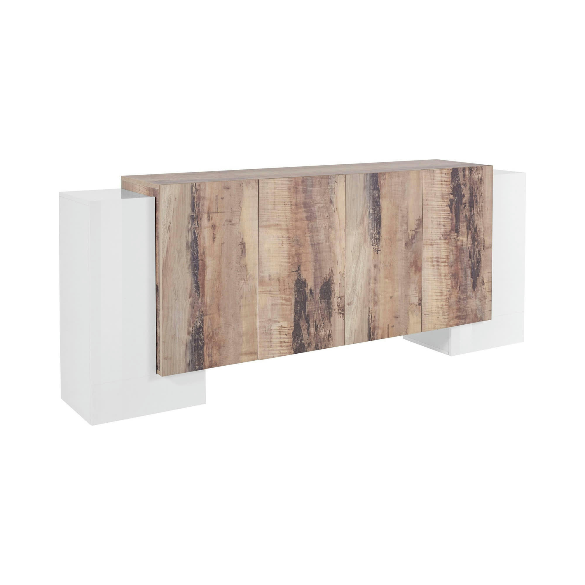 NANDO - Buffet avec 6 portes effet bois en blanc brillant et érable