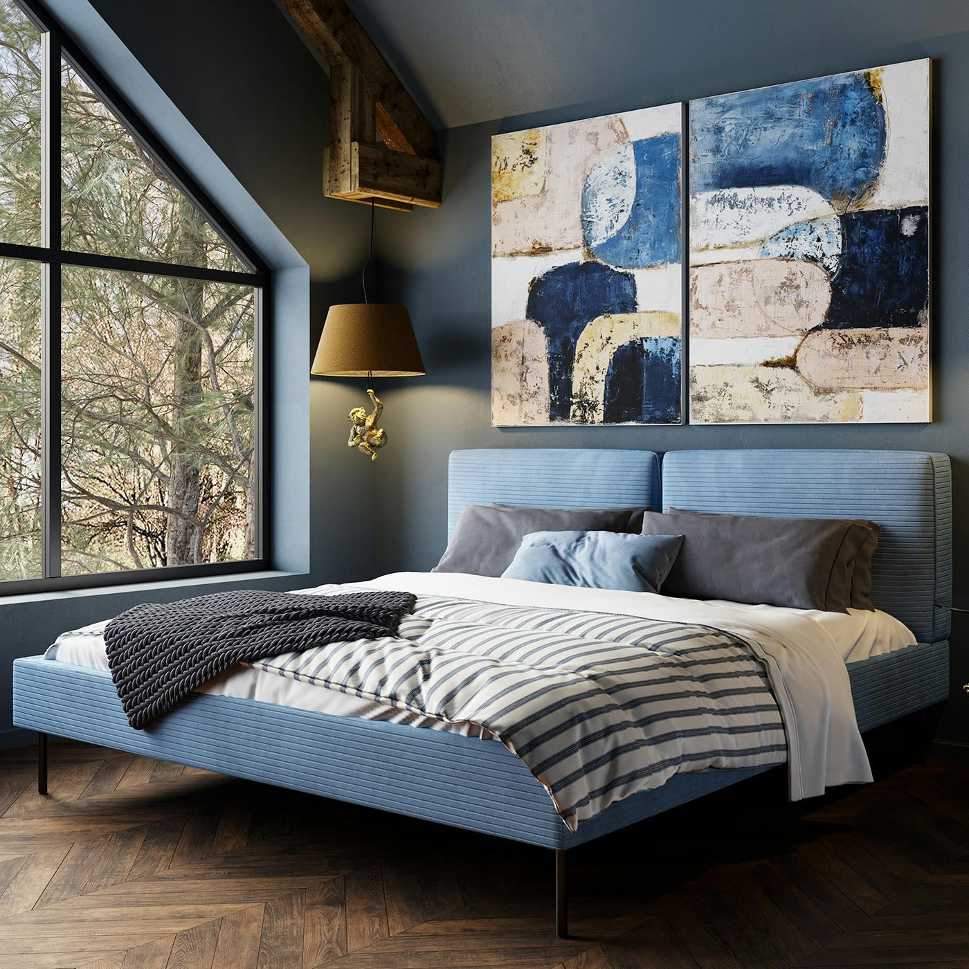 EAST SIDE - Lit East Side Cord côtelé bleu Kare Design Taille - 160x200cm
