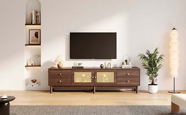 Meuble TV Bois Foncé 180 Cm - 2 Portes En Rotin, 4 Tiroirs - Pieds Réglables, Pour TV 80