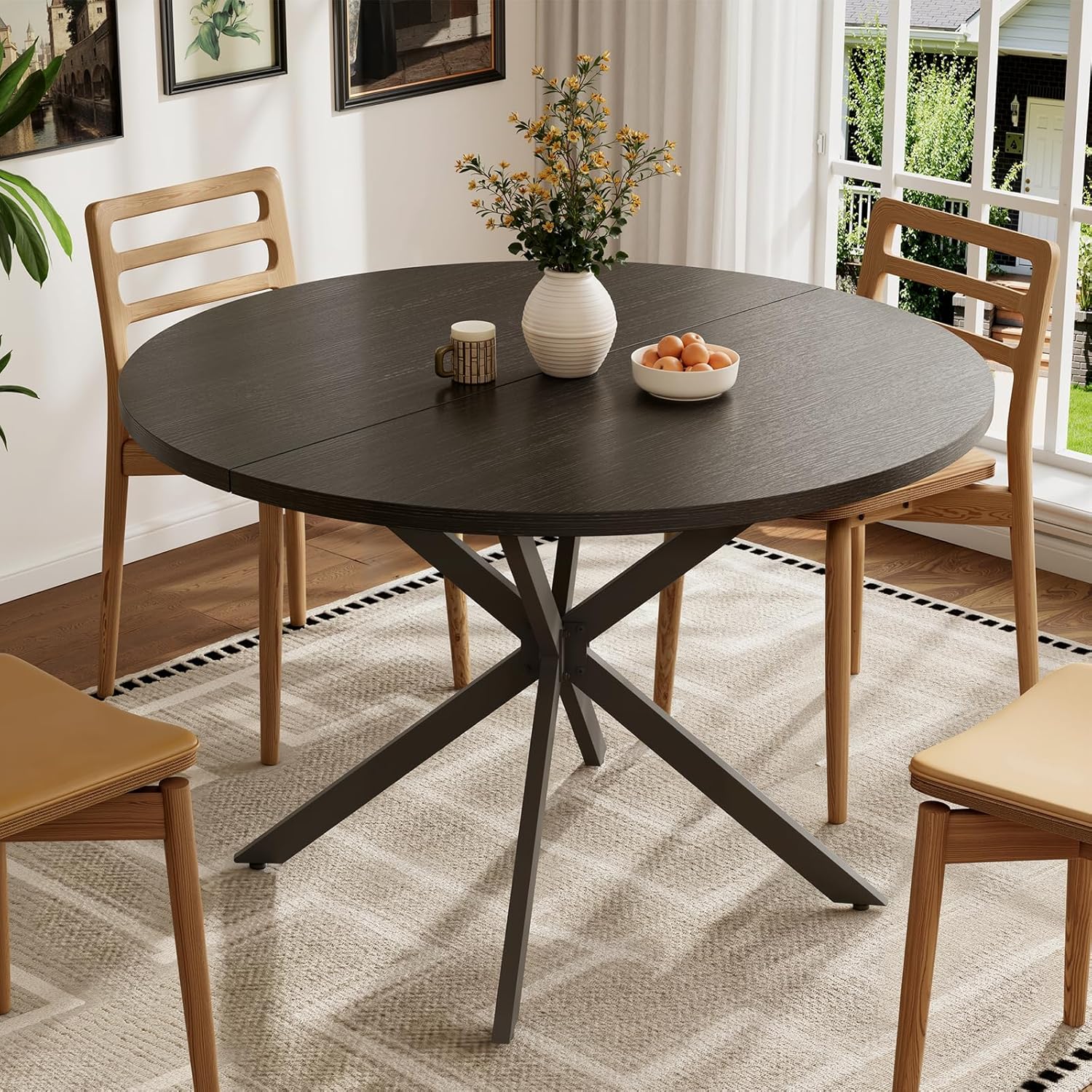 Vantic 47 Round Dining Table for 4-6 People, Modern Wood Kitchen Table for Small Space, Circle Dining Table with Metal Base for Kitchen & Living Room, Black