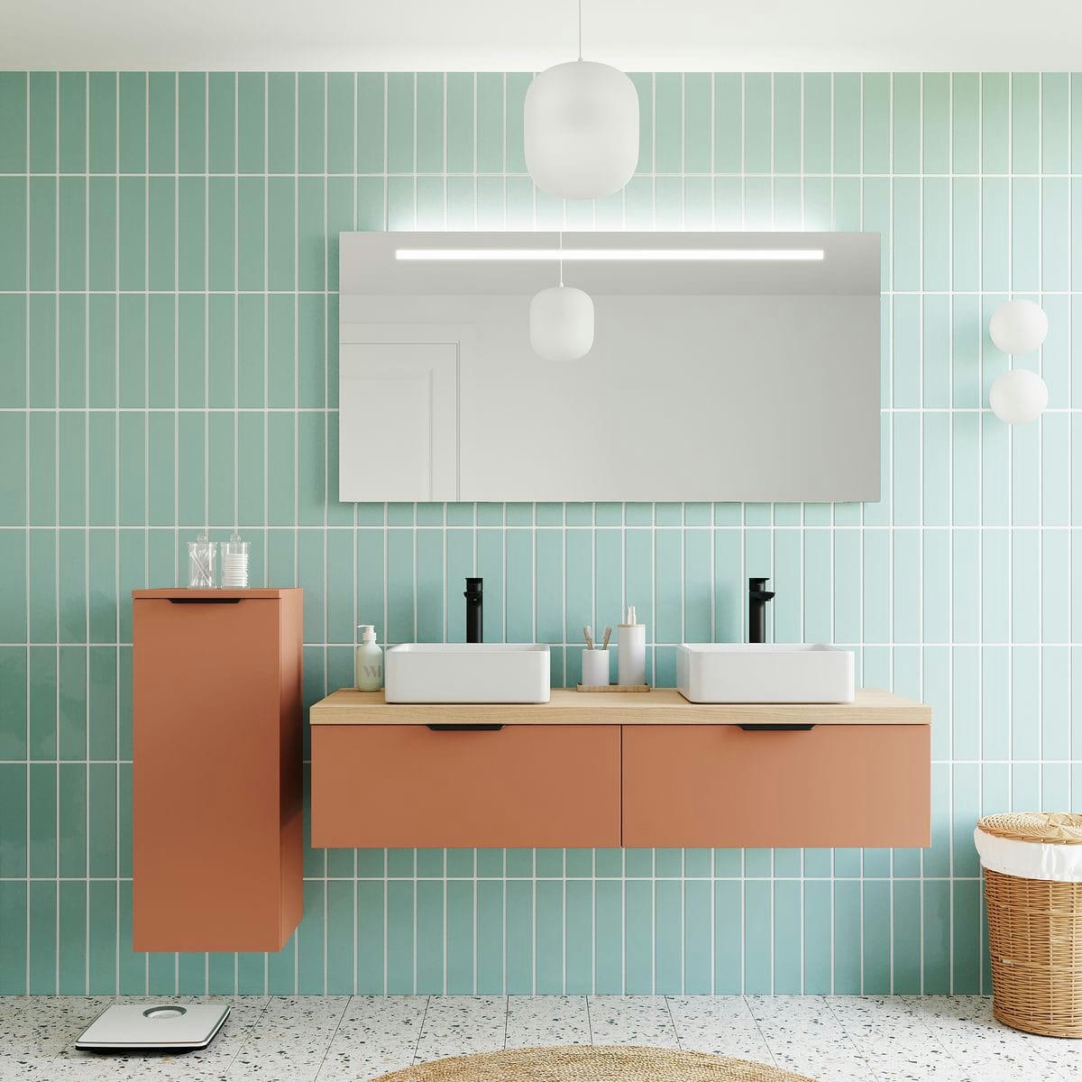 SOHO - Meuble salle de bain 2 vasques posées 140cm 2 tiroirs Terracotta