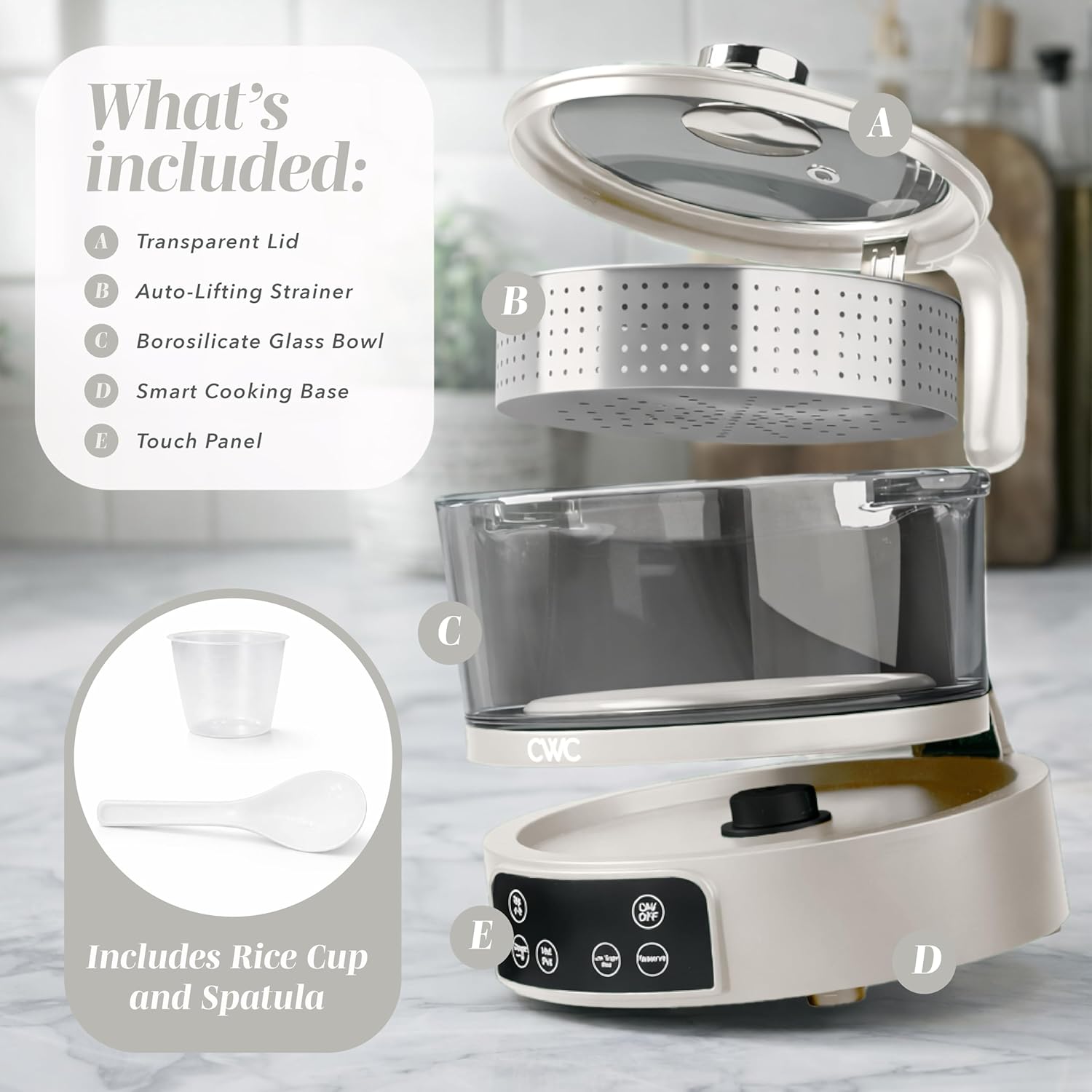 COOK WITH COLOR 3L Glass Mini Low Carb Rice Cooker – Holds 2 Cups Raw/Makes 6 Cups Cooked with Auto Lift Filter Basket, Hotpot & Steamer for Rice, Grains, Digital Panel with Keep Warm, Cream