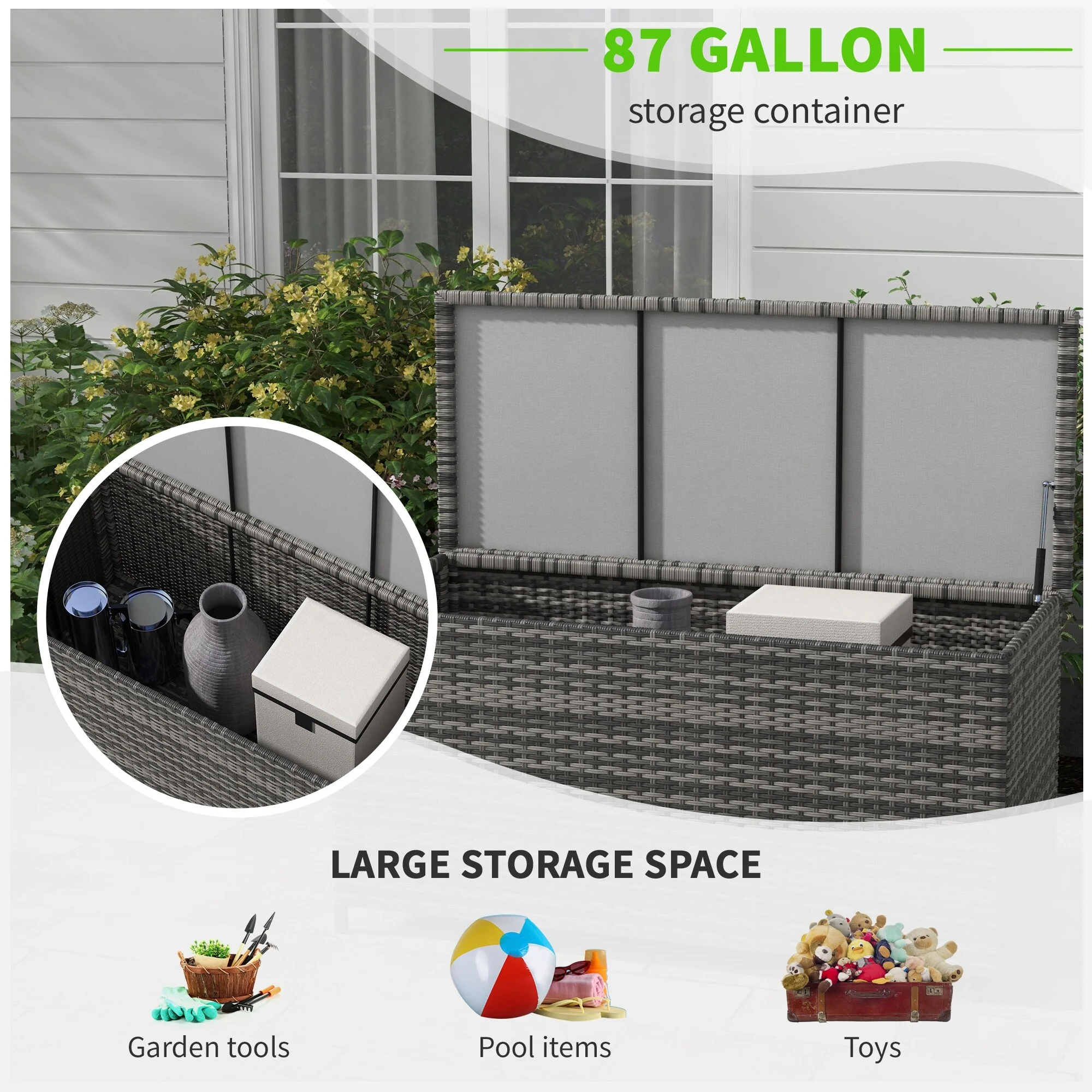 83 Gallon PE Wicker Deck Box Outdoor Trunk with 2 Wheels and Lid for Patio Cushions and Garden Tools