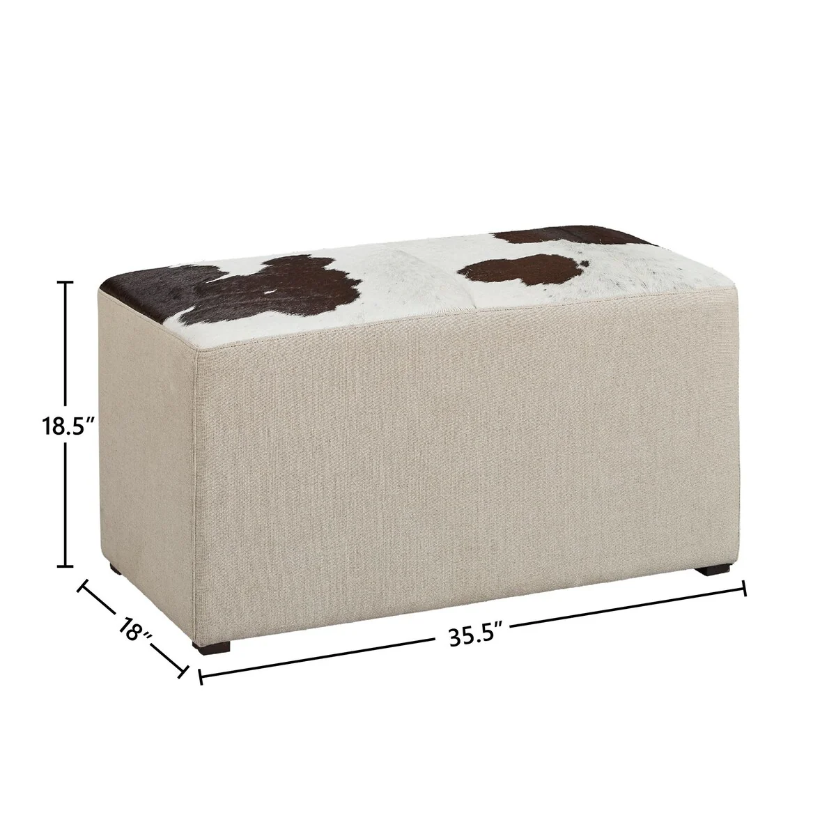 Round Rock Hair on Hide Leather & Linen Ottoman, 35-inch Width