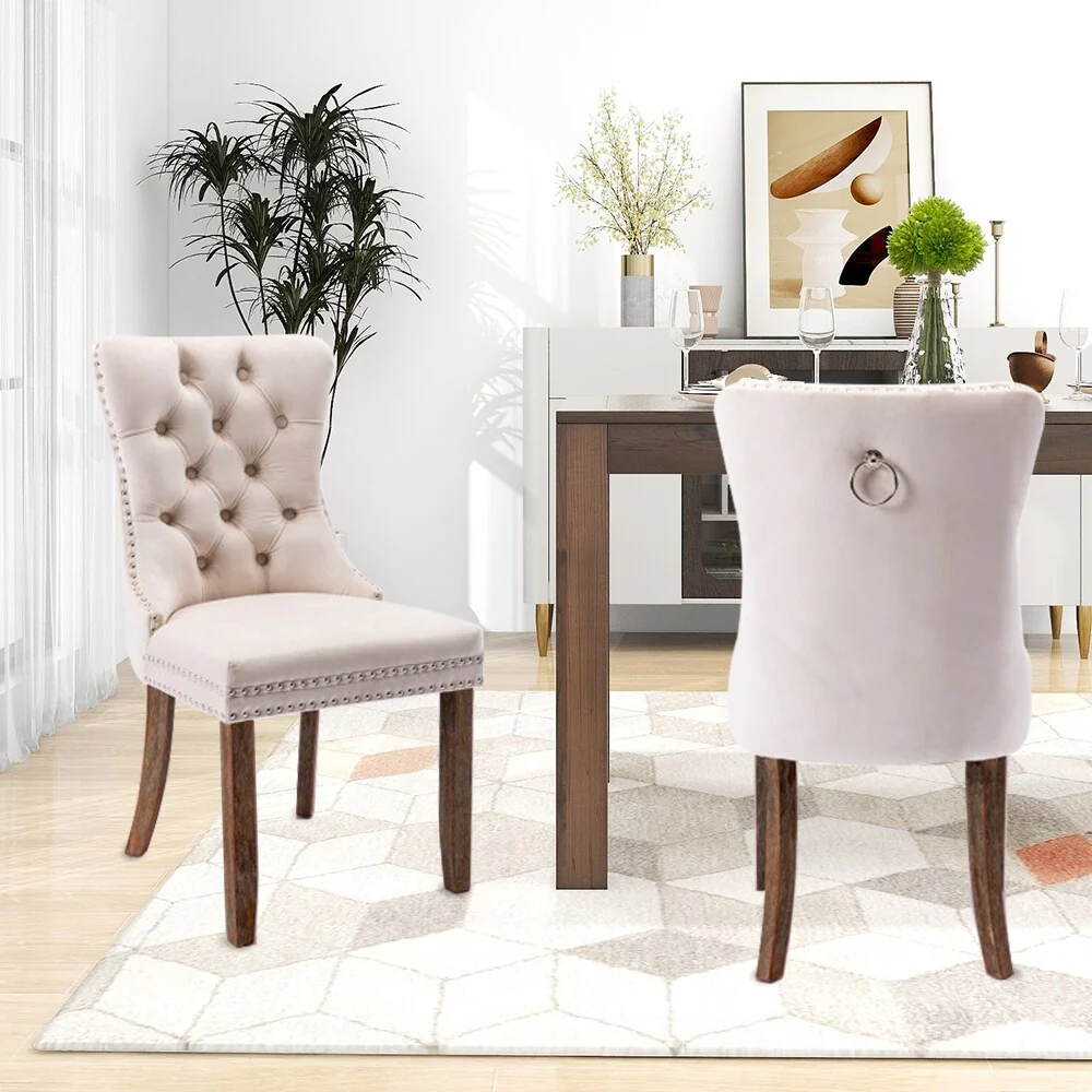 Velvet Dining Chairs Set of 2, Upholstered High-end Tufted Dining Room Chair with Nailhead Back Ring Pull Trim Solid Wood Legs