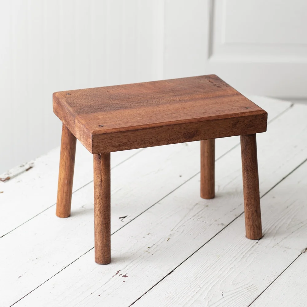Brown Rustic Wooden Stool Compact Farmhouse Footstool for Living Room or Small Spaces