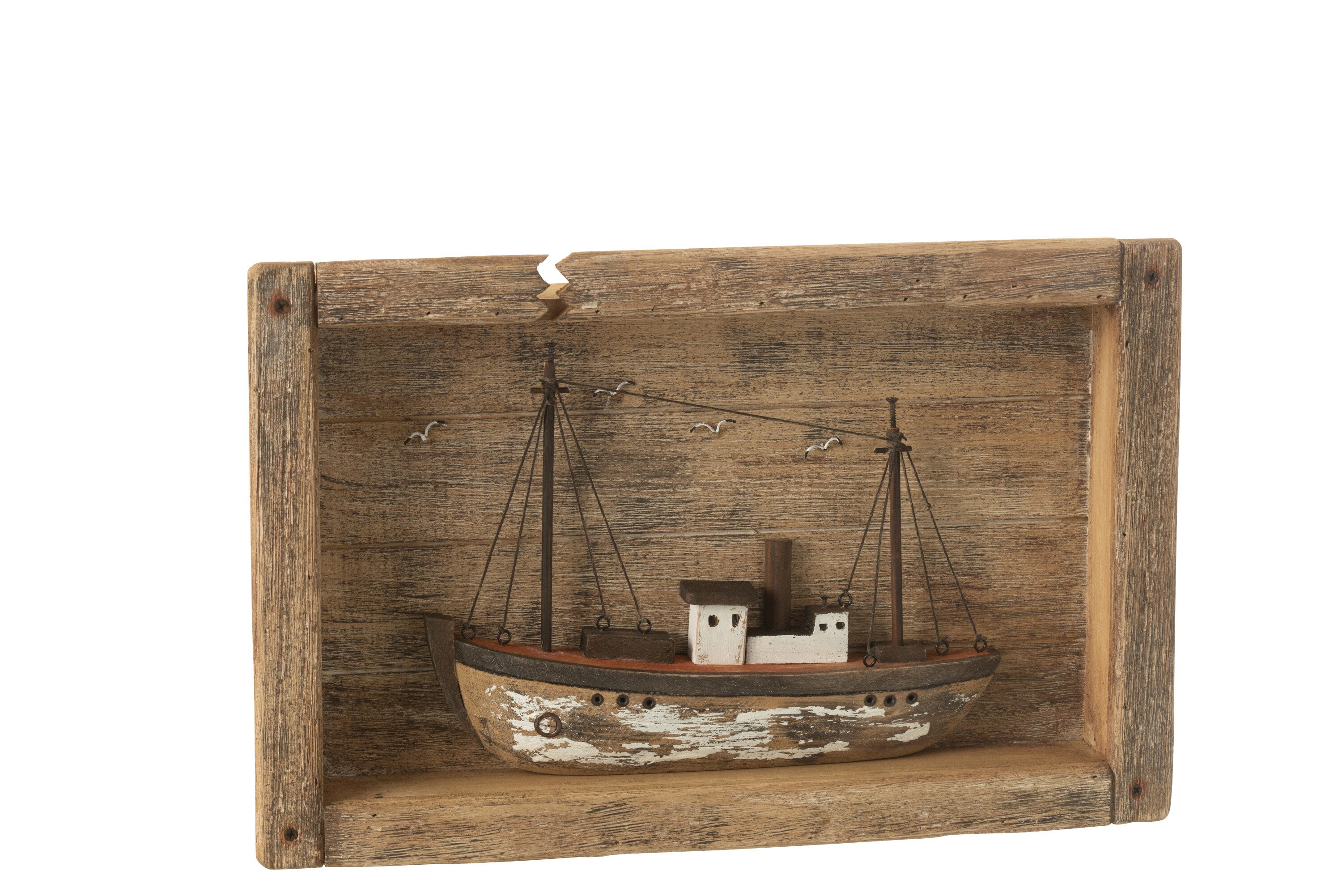 J-Line decoratie Boot In Kader - hout - naturel/wit