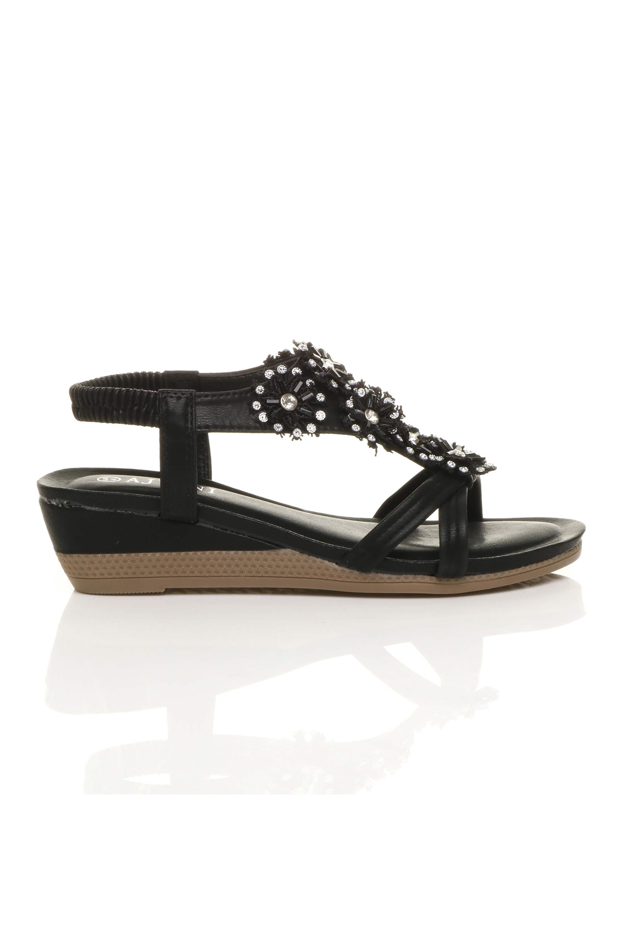 AJVANI Mid Wedge Diamante T-Bar Slingback Sandals