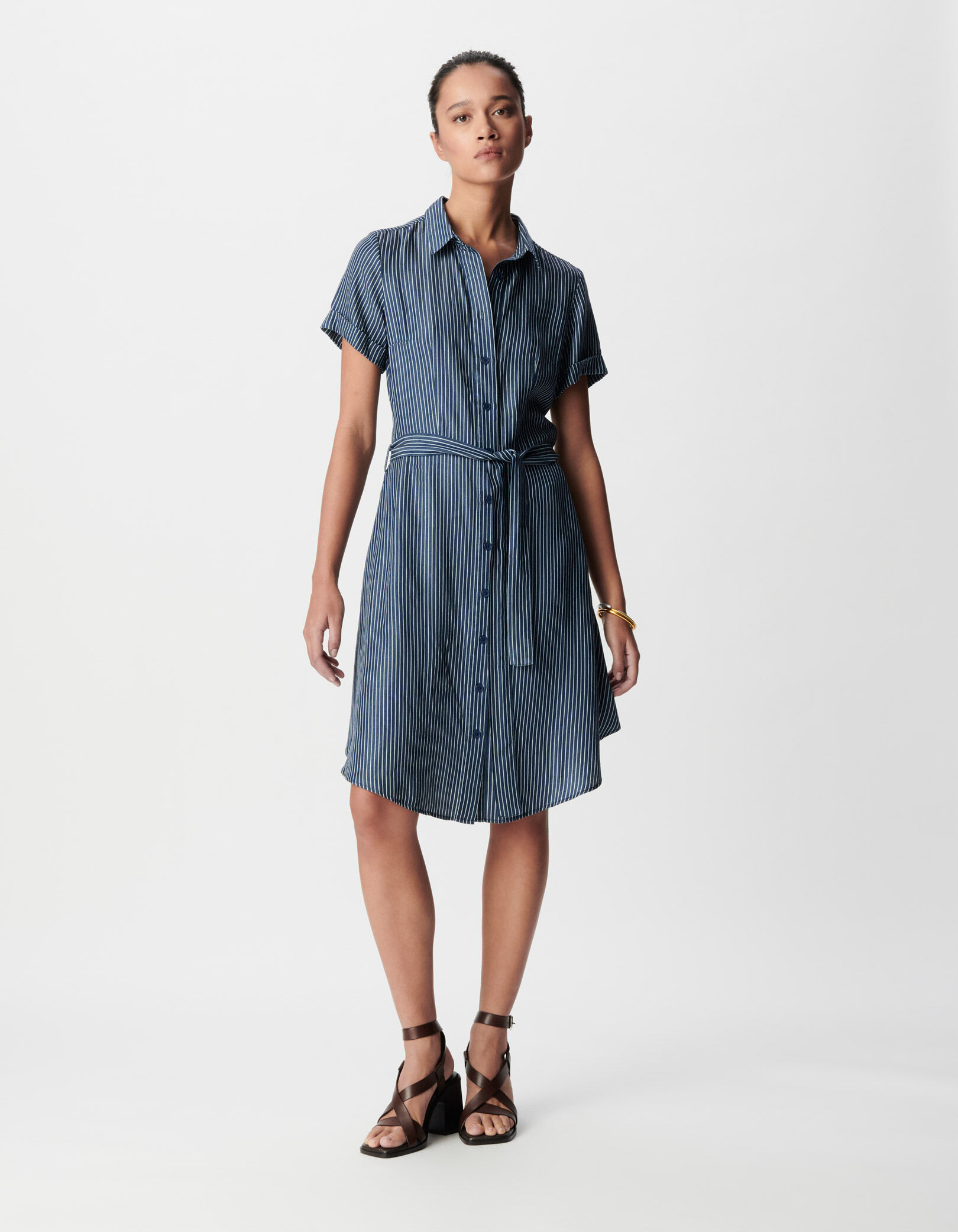 Robe chemise marine fines rayures blanches Femme