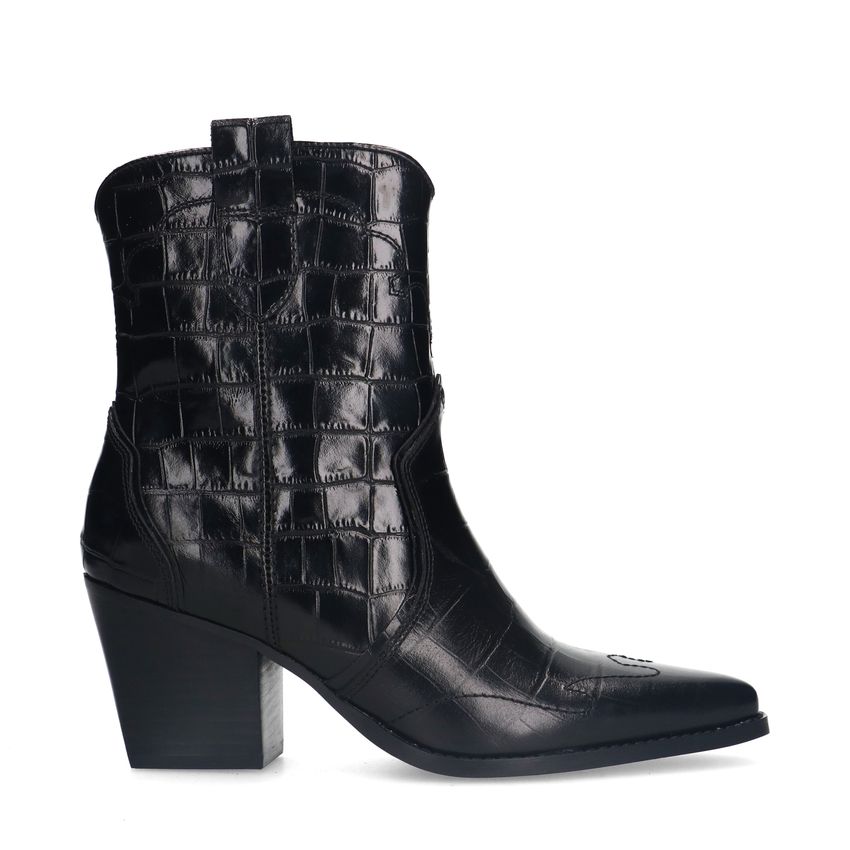 Manfield Zwarte leren croco enkellaarsjes met hak
