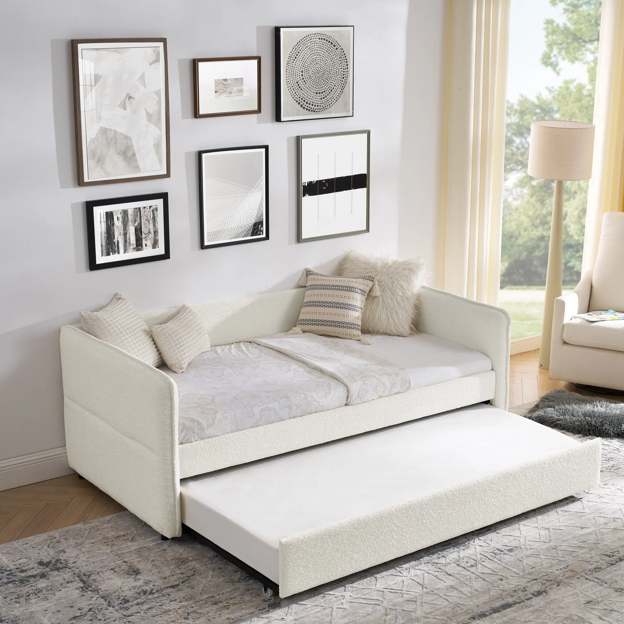 Daybed with Trundle Upholstered Tufted Sofa Bed, Twin Size, Boucle Fabric, Beige (83x43x29.5)