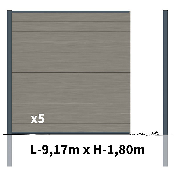 Kit Clôture Bois Composite Platine 9x1,8m RIO - Poteaux en Aluminium Gris - Brise Vue - Palissade