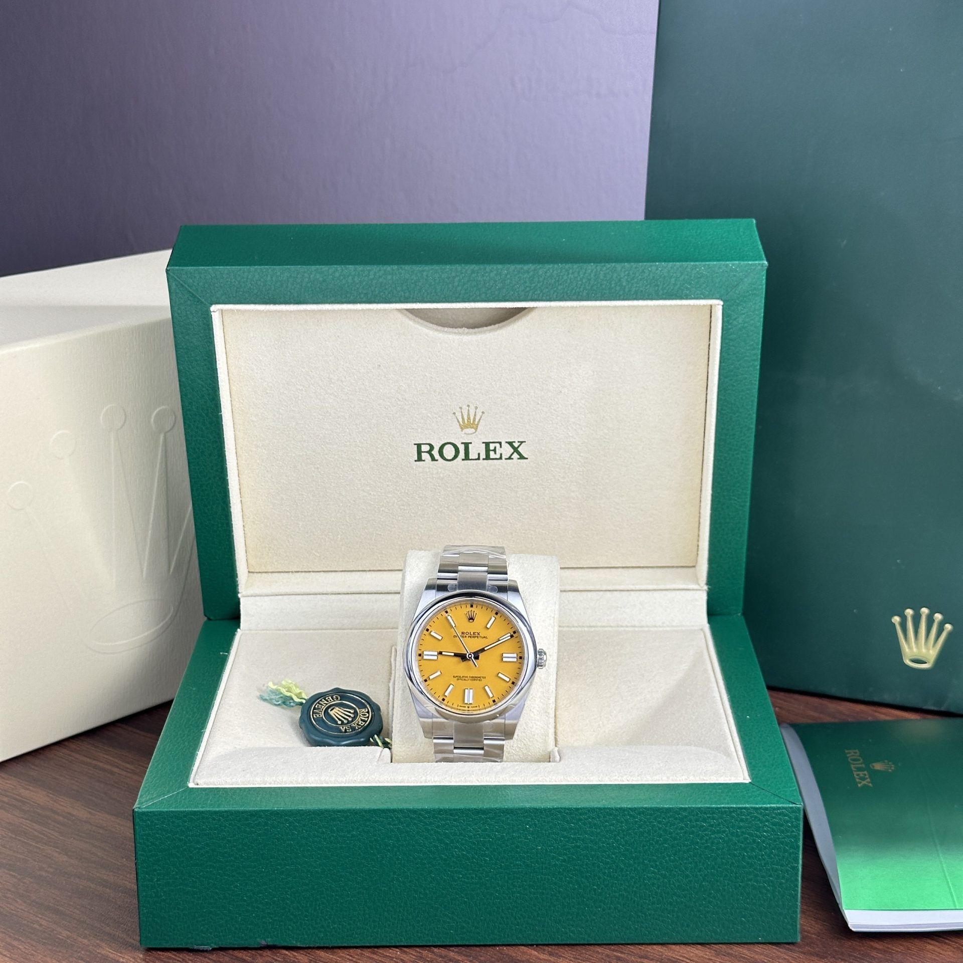 Rolex Oyster Perpetual 124300 904L Steel Yellow Dial 41mm Oyster Super Clone