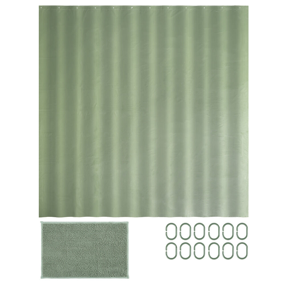 Rideau de douche avec anneaux et tapis salle de bain chenille (2 modèles gris ou vert)
