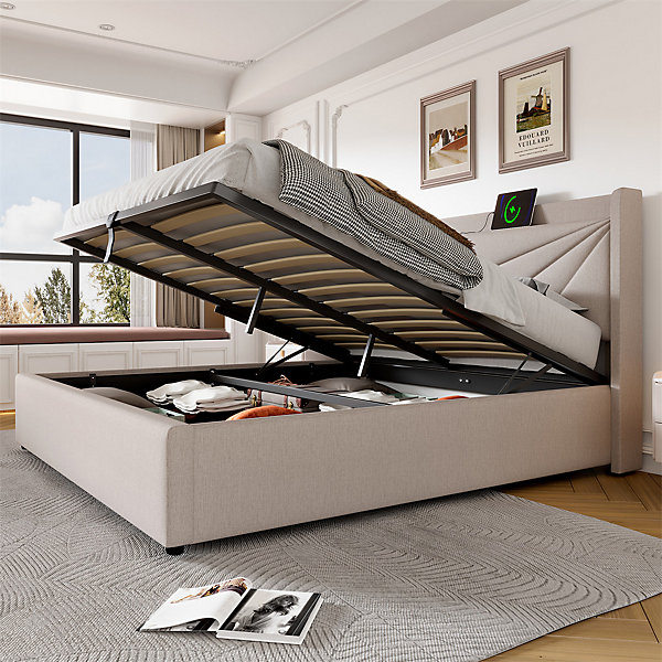 Lit rembourré 180x200cm, tête de lit avec fonction de chargement usb type c, lit de rangement avec sommier à lattes, lin, beige