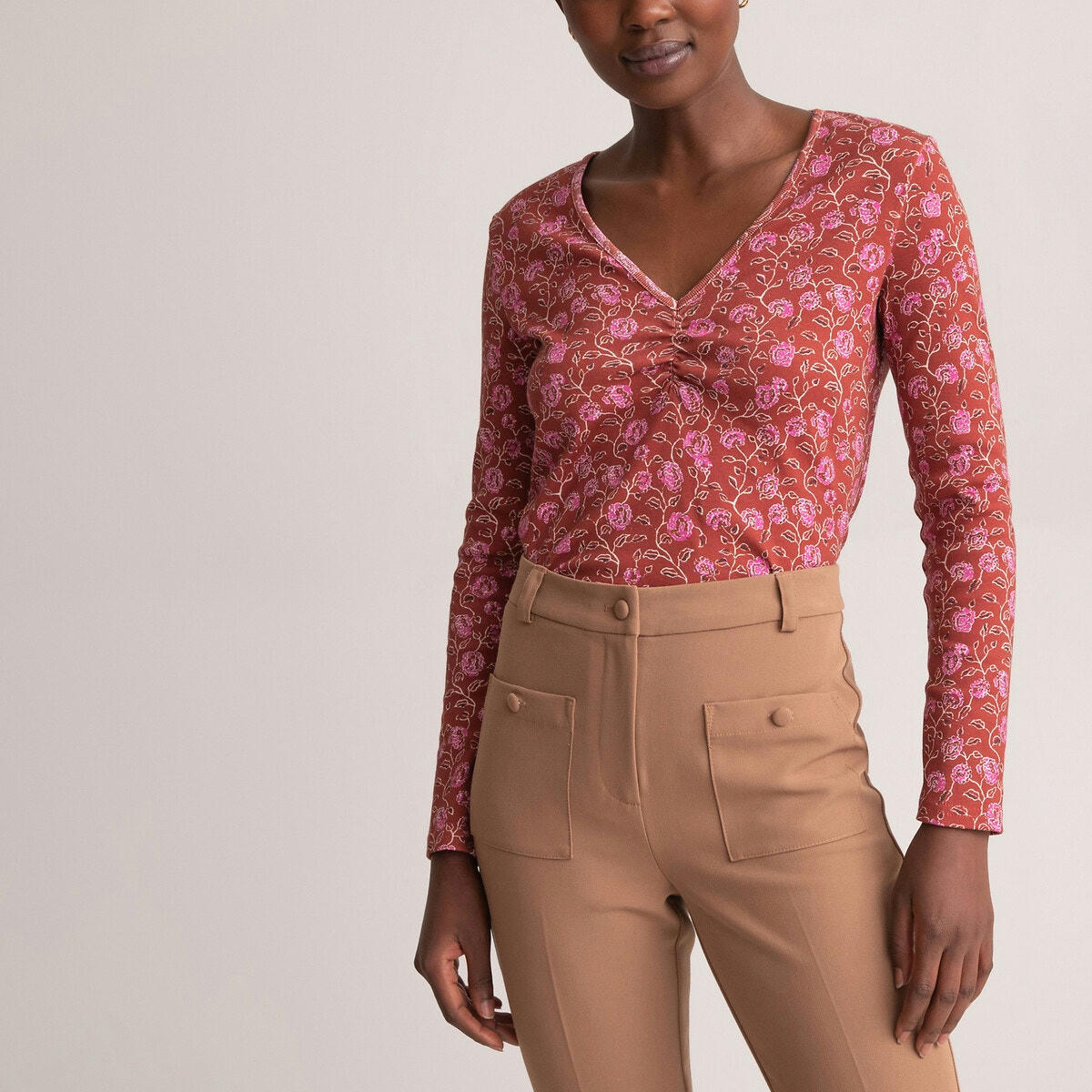 T-shirt col V, imprimé floral, manches longues