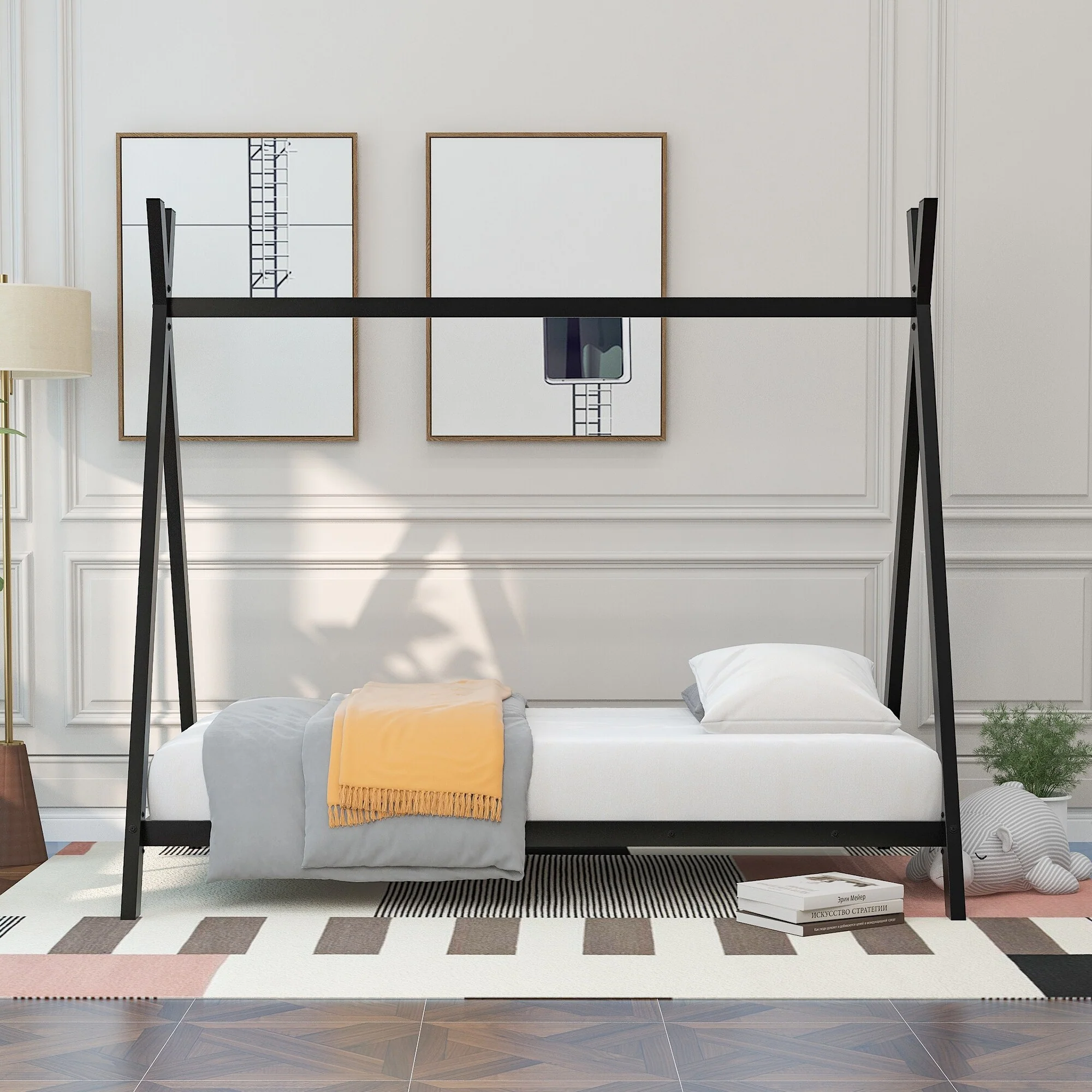 Black Metal House Tent Floor Bed for Kids