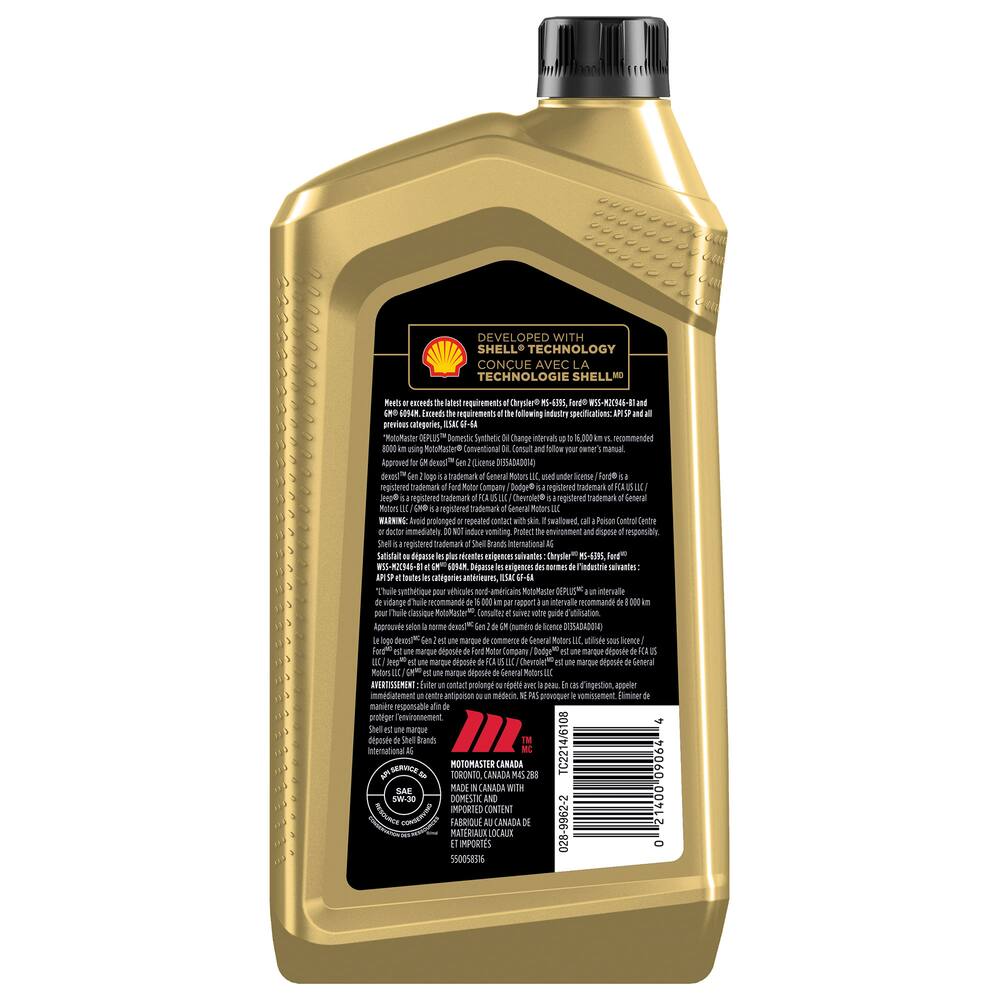 MotoMaster OEPLUS Domestic Premium 5W30 Synthetic Engine/Motor Oil, 946-mL
