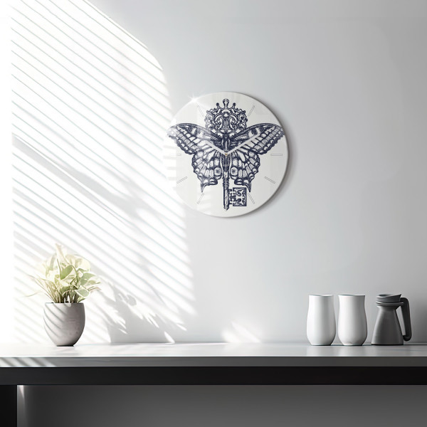 Ścienny Zegar szklany ozdobny Motyl i klucz – styl boho