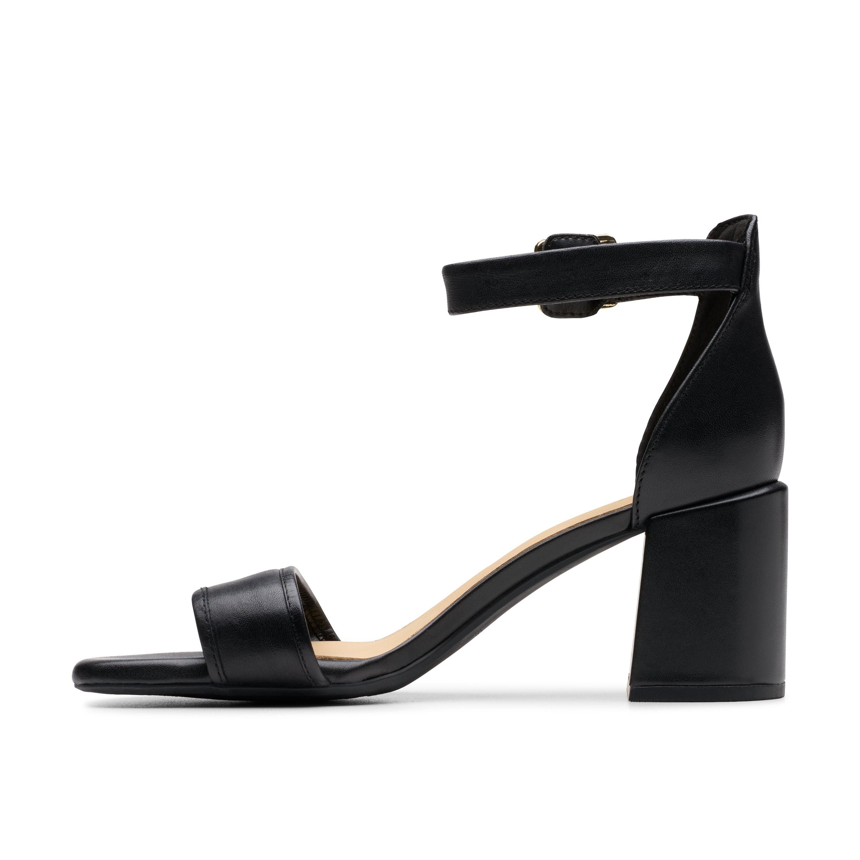 Clarks Ezoria Mae Black Leather Heeled Sandals