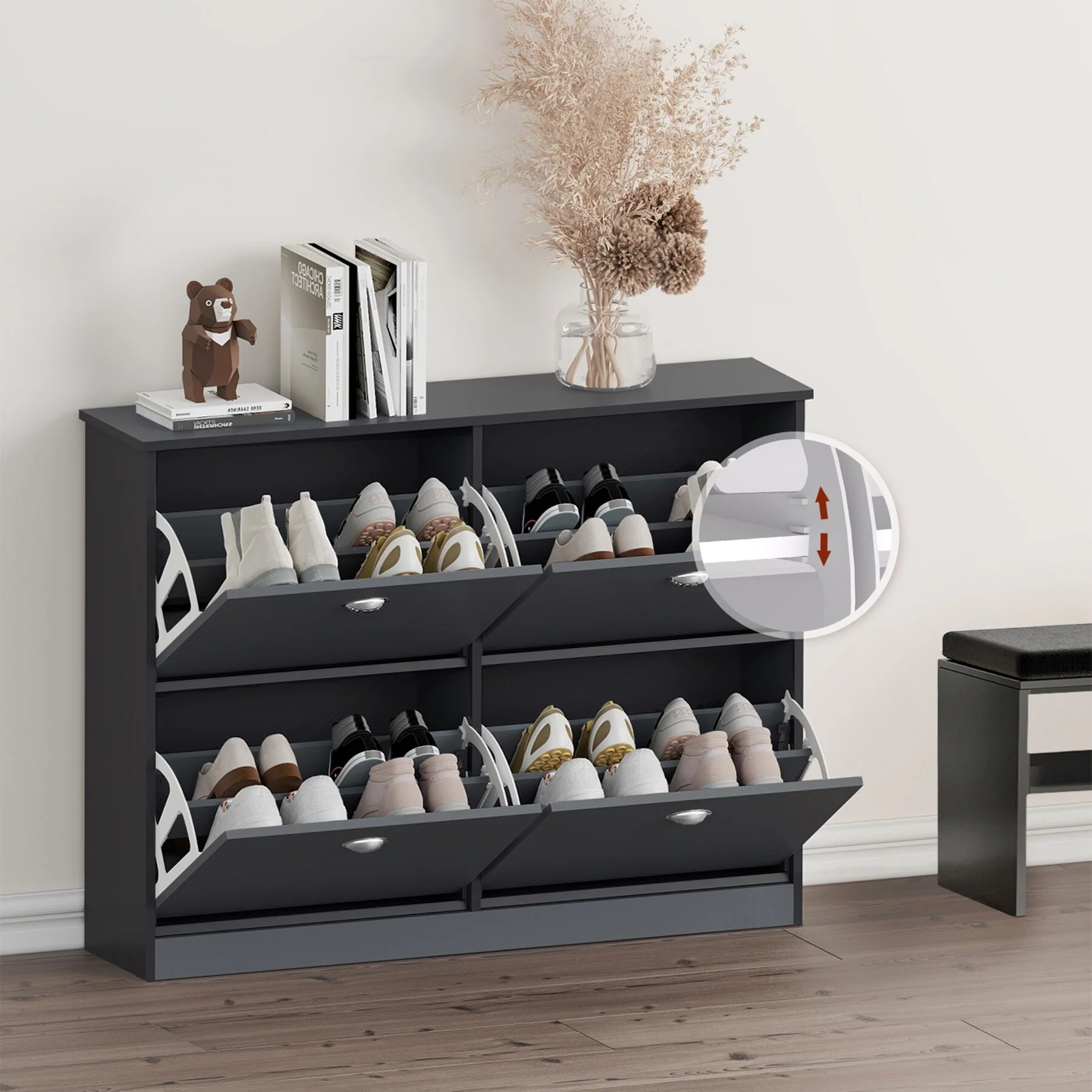 Hidden Slim Narrow Shoe Rack Cabinet with 4 Drawers