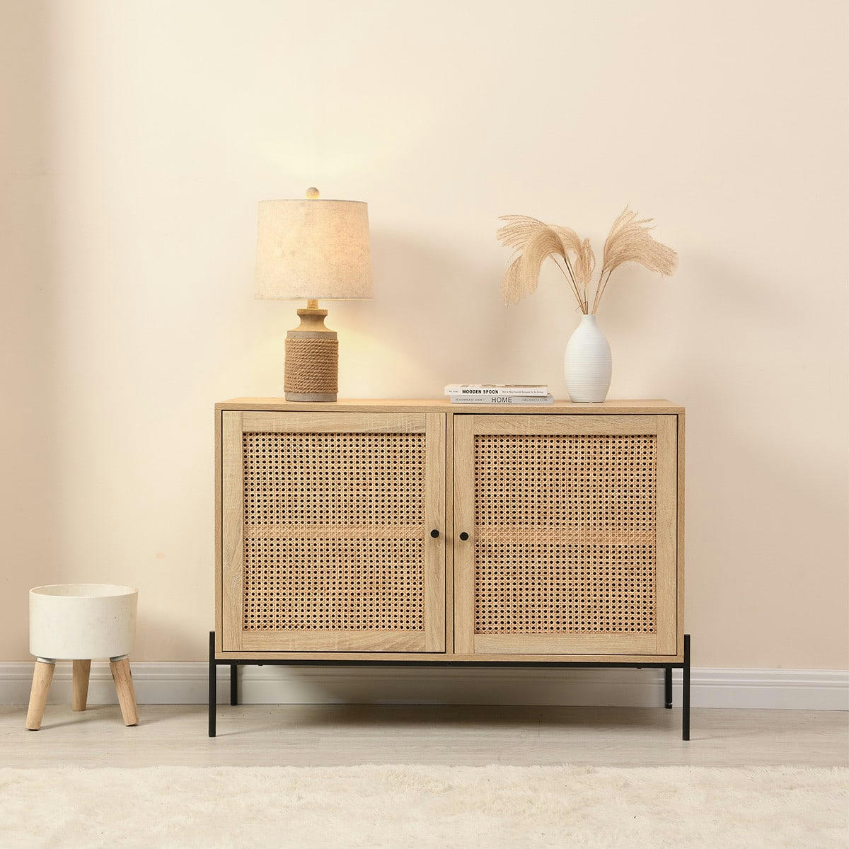 IRIS - Buffet 2 portes en cannage naturel et effet chêne 110 cm