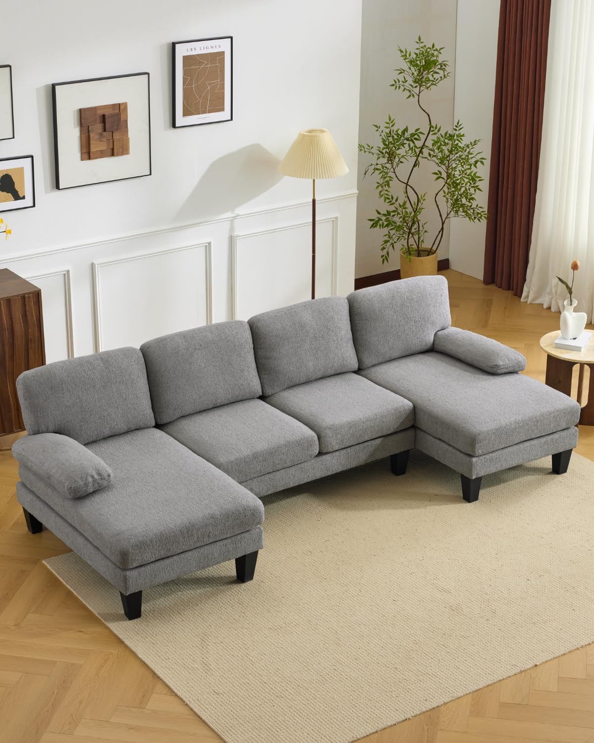 Karl home 110 U-Shape Sectional Couches for Living Room Chenille Upholstery 4 Seat Sofa Set with Double Chaises & Wood Grain Legs for Apartment, Dust Grey