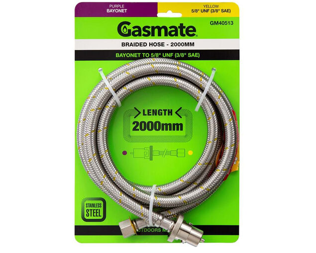 Gasmate Braided Bayonet Hose - 2000mm (Bayonet To 5/8" UNF (3/8" SAE))