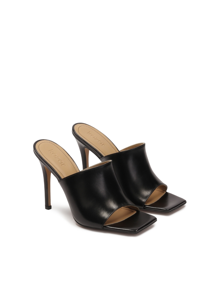 Black heeled mules with square toes