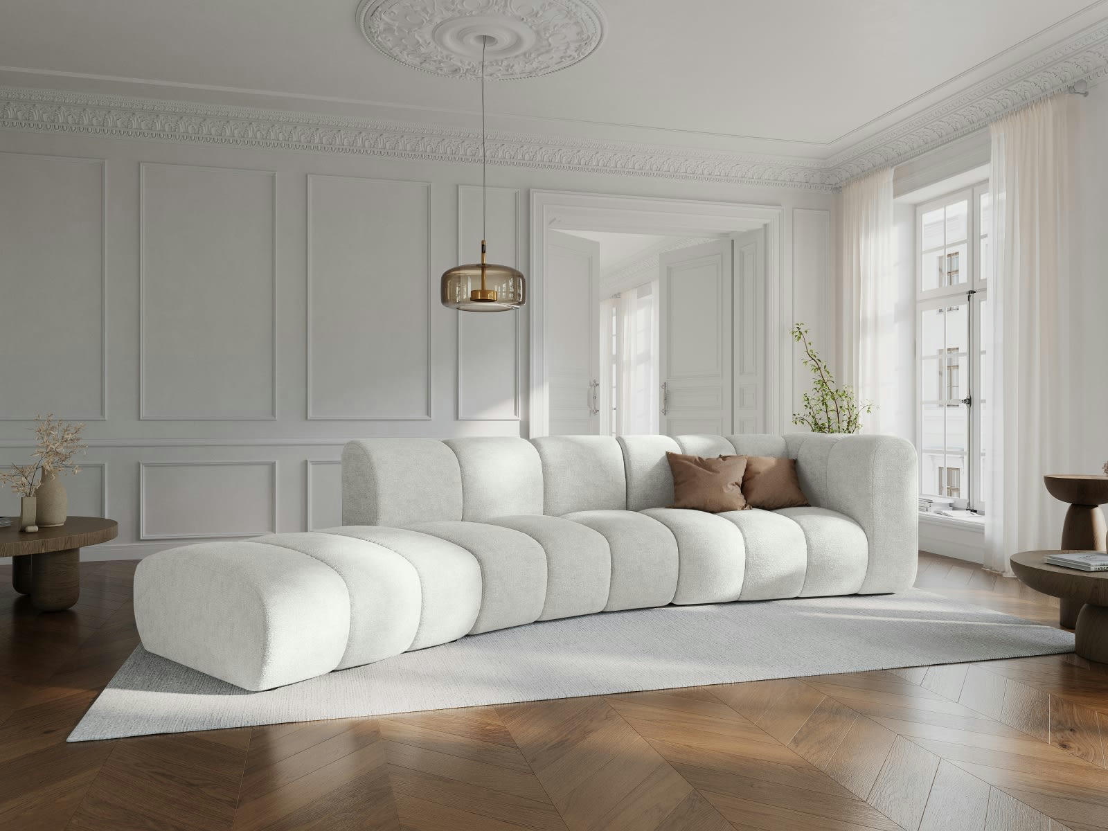 LUPINE - Canapé gauche 5 places en tissu chenille blanc