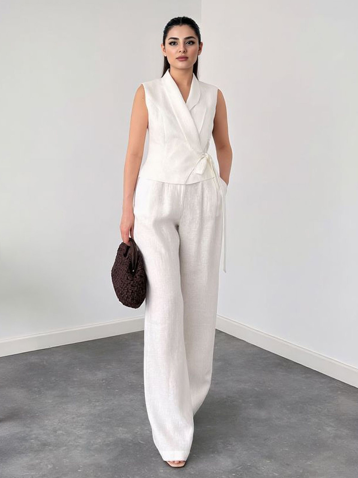 Casual Sleeveless Wrap Vest Top & High-Waist Wide-Leg Pants Two-Piece Set