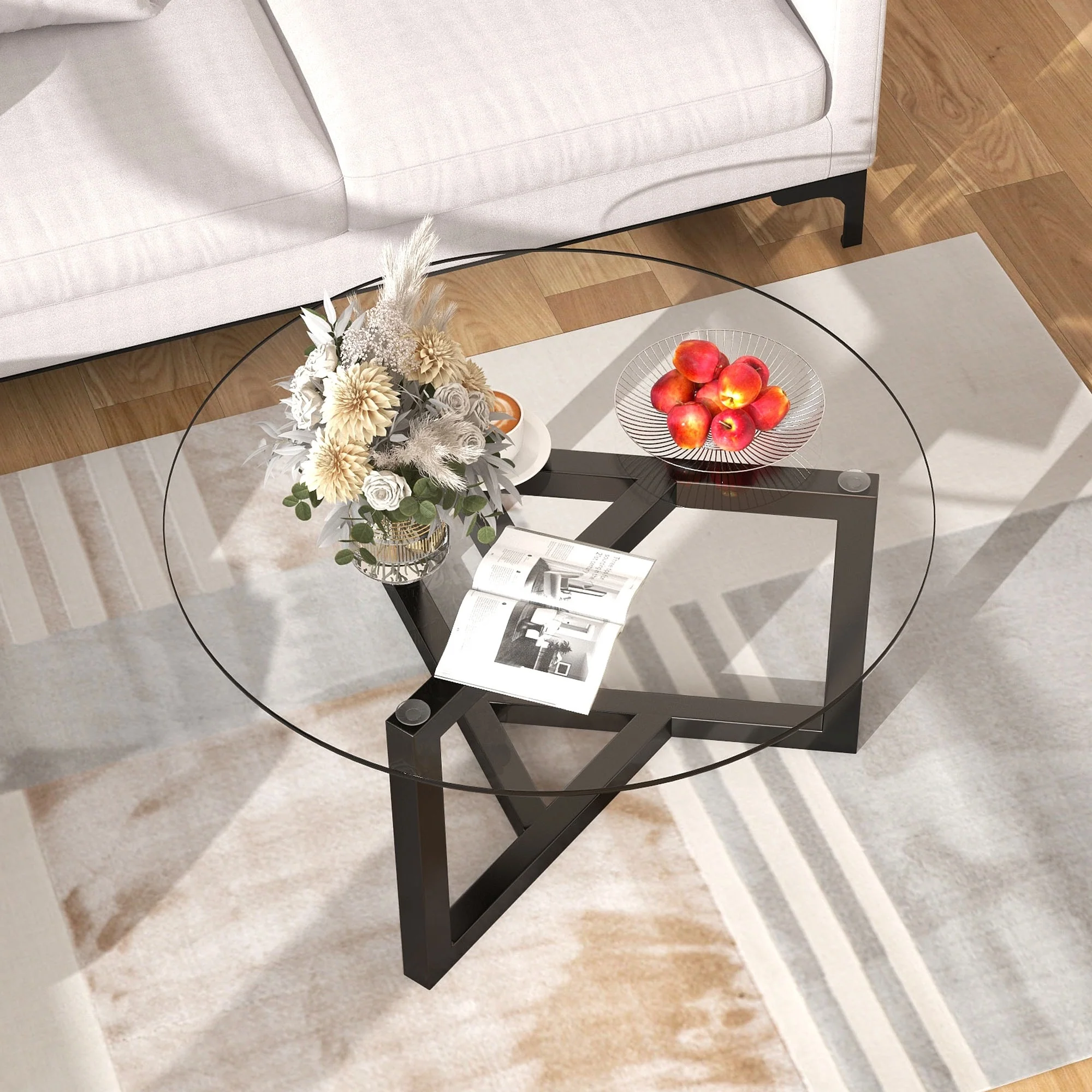 Modern Wood Round Coffee Table with Geometric Legs ,Glass Top