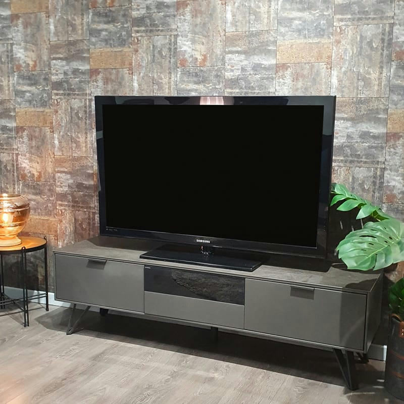 ONYX - Meuble tv gris anthracite céramique et pied métal 3 tiroirs