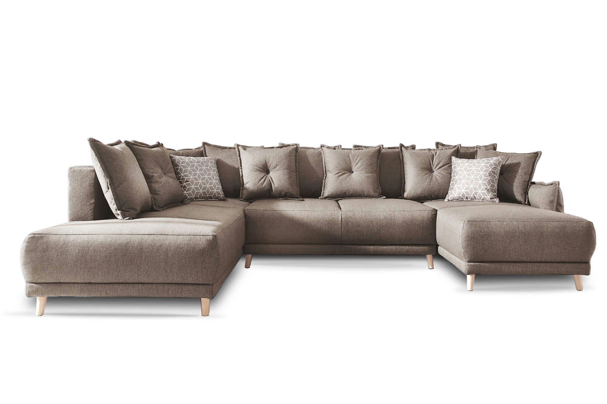 LENA - Canapé panoramique 7 places angle gauche en tissu marron