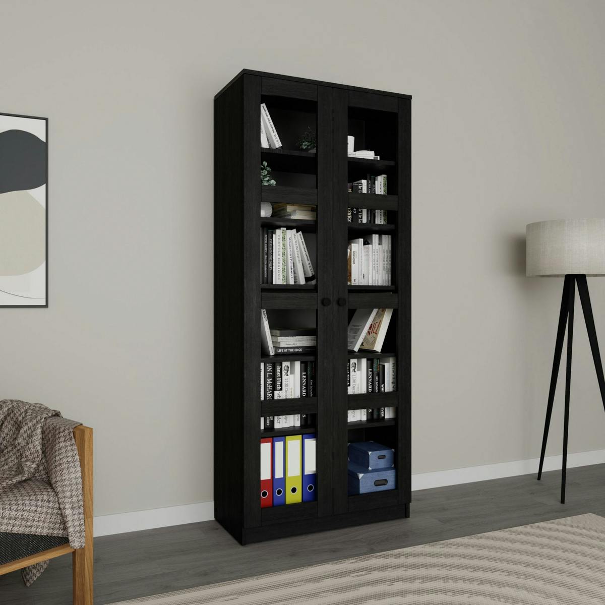 Bibliothèque vitrine noire, 6 étagères réglables SALTA