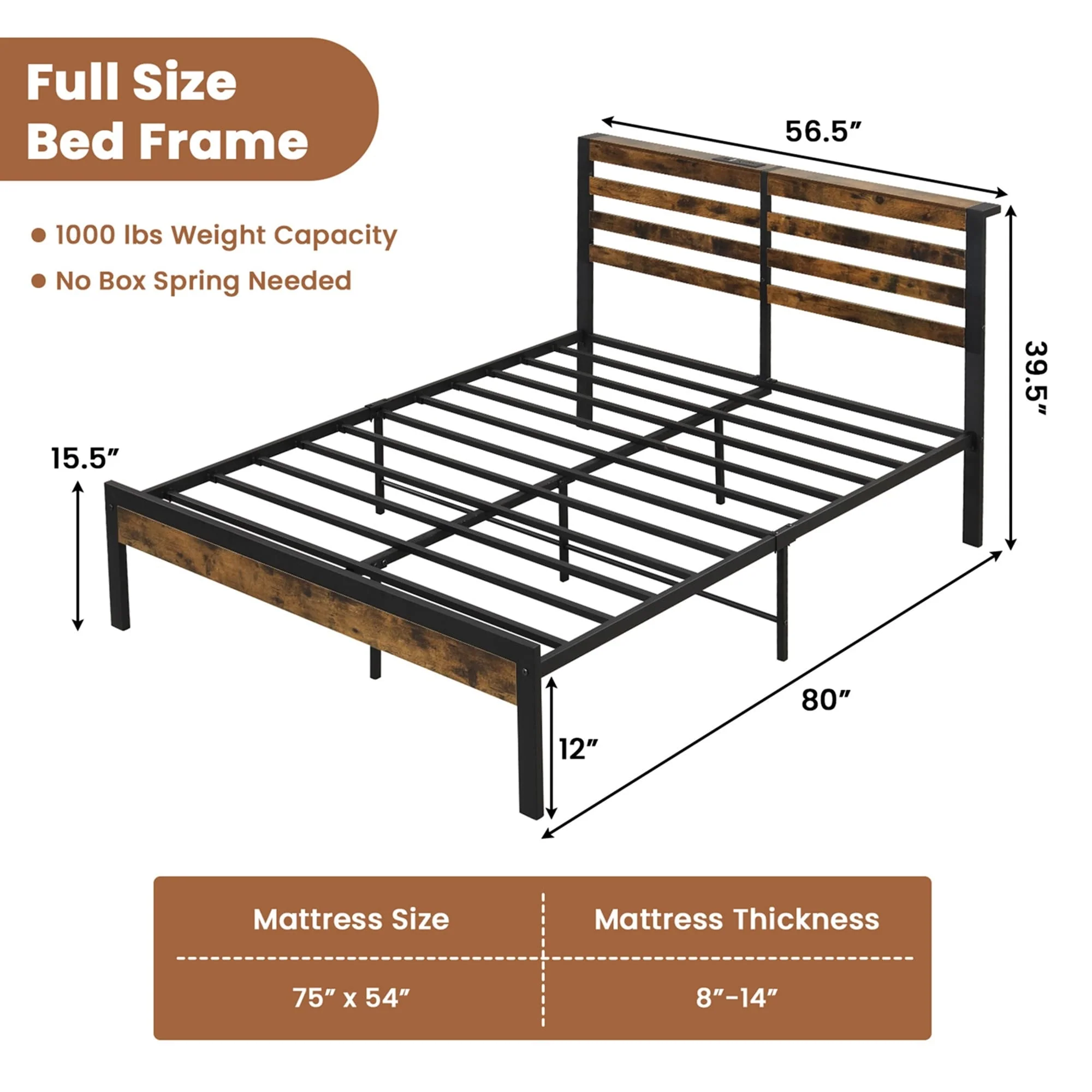 Industrial Metal Bed Frame Charging Station Mattress Foundation