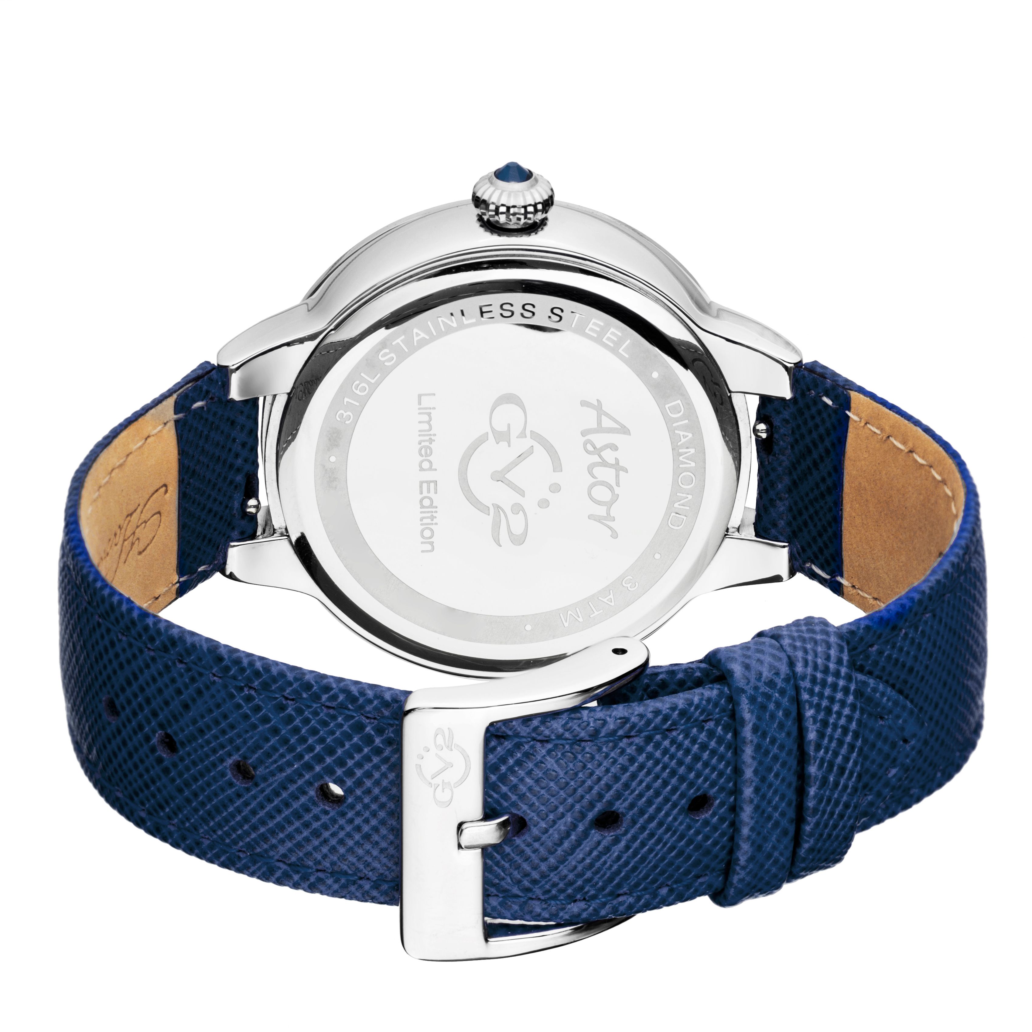 GV2 Astor Swiss Quartz Diamonds Blue Dial Stainless Steel Watch