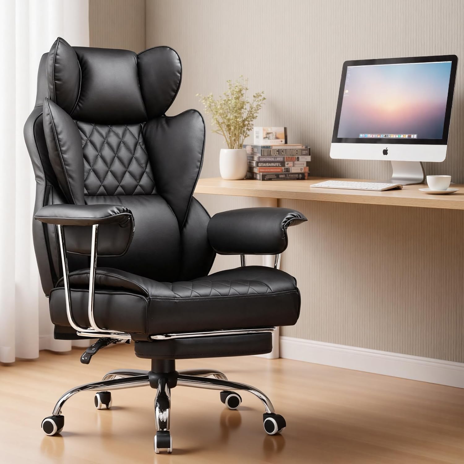 COMHOMA Big and Tall Office Chair, High Back Leather Gaming Chair with Footrest, Executive Ergonomic Office Chair with Pocket Spring Lumbar Support and with Outward Fixed Soft Armrests