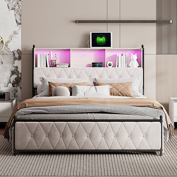 Lit Double 160x200 Cm, 4 Tiroirs, Ports USB/type-c, éclairage LED, Sommier à Lattes, Velours Beige.