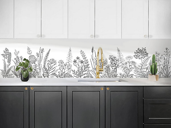 Crédence de cuisine auto-adhésive Caméléo design champ fleuri noir et blanc l. 200 cm x H. 40 cm x ép. 0,2 mm